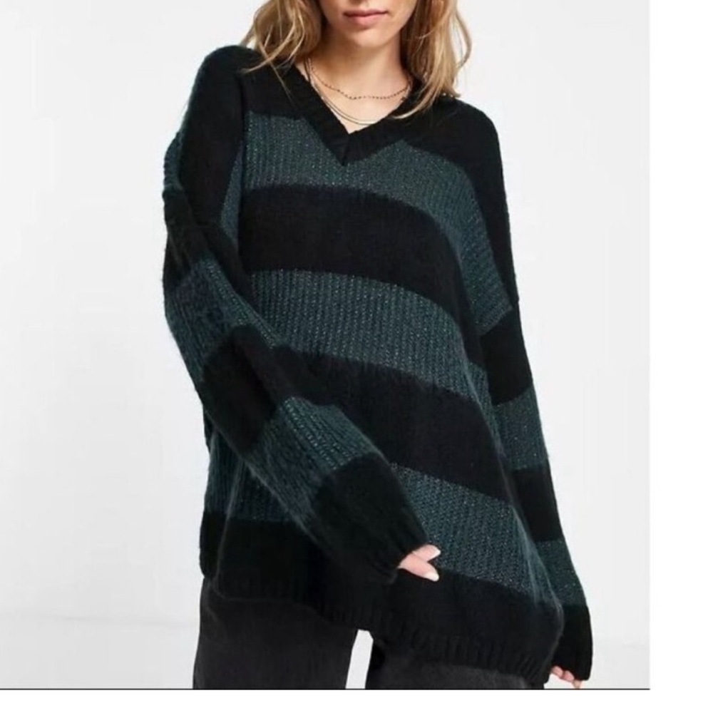 All Saints Lou Sparkle Sweater Green Black Stripe Medium Oversized Preowned